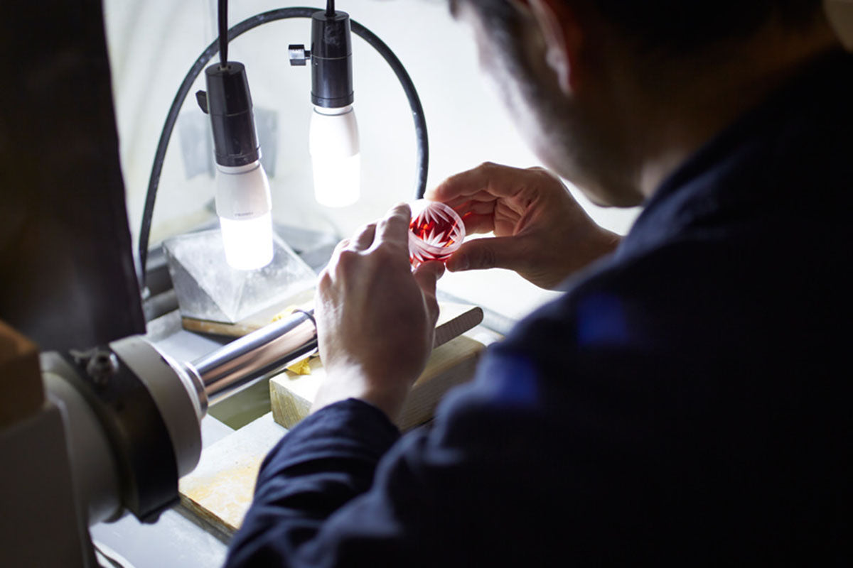 Edo Kiriko fine cutting stage, creating intricate detailed patterns on glass.