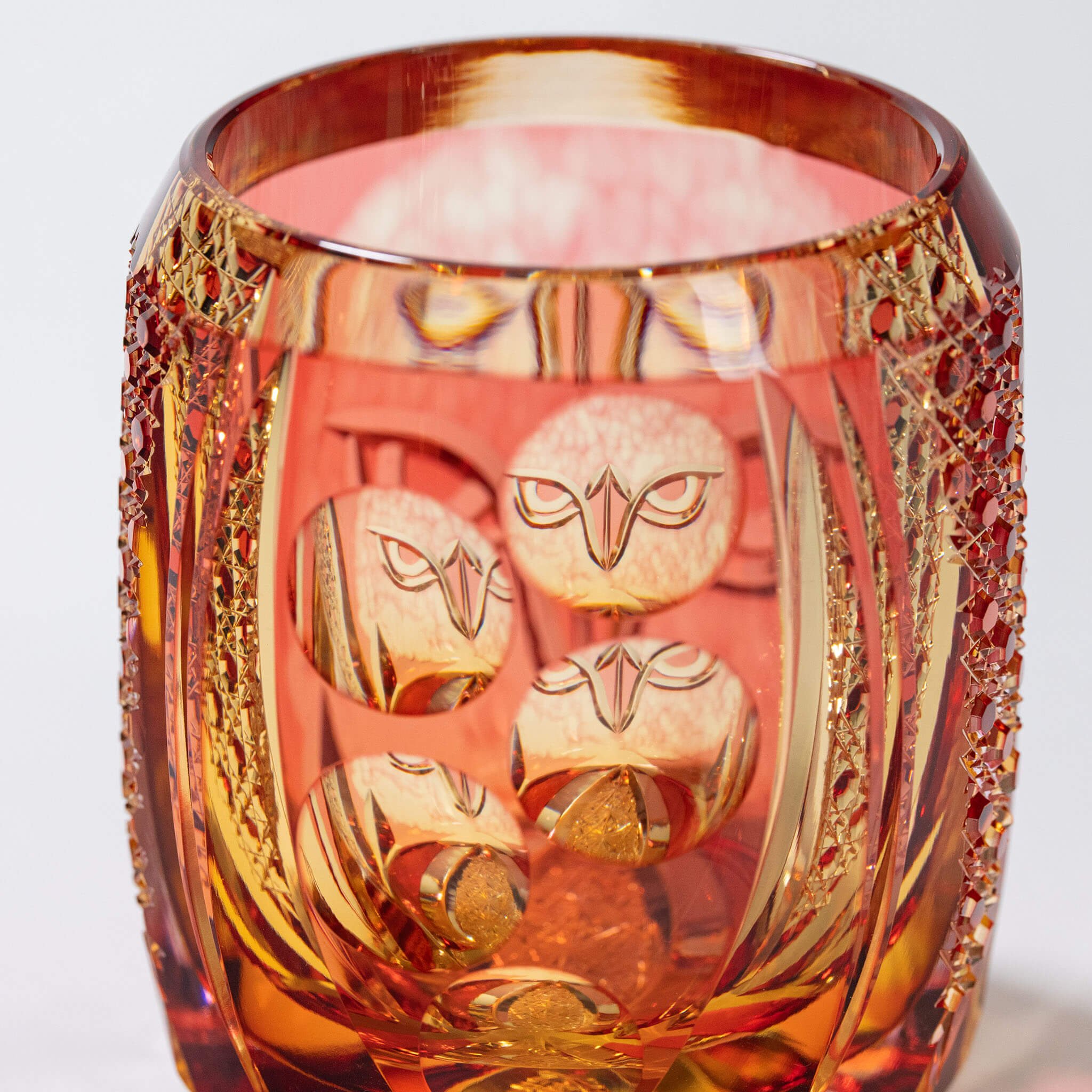 Edo Kiriko: Hand-Cut Crystal Whiskey Glass - "Guardian Owl" (Amber 260ml) Suntory