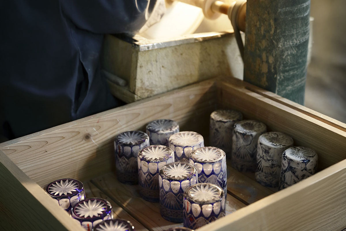 Edo Kiriko polishing process, final stage creating brilliant shine on cut glass.