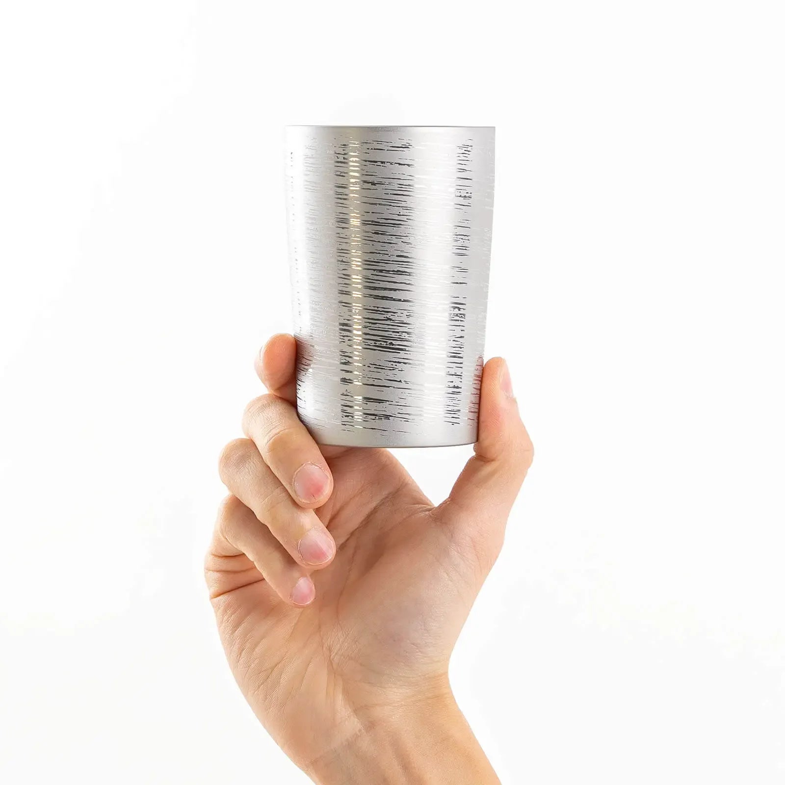 Lightweight 270ml silver titanium tumbler, hand-held front view, HORIE Shirakaba Series