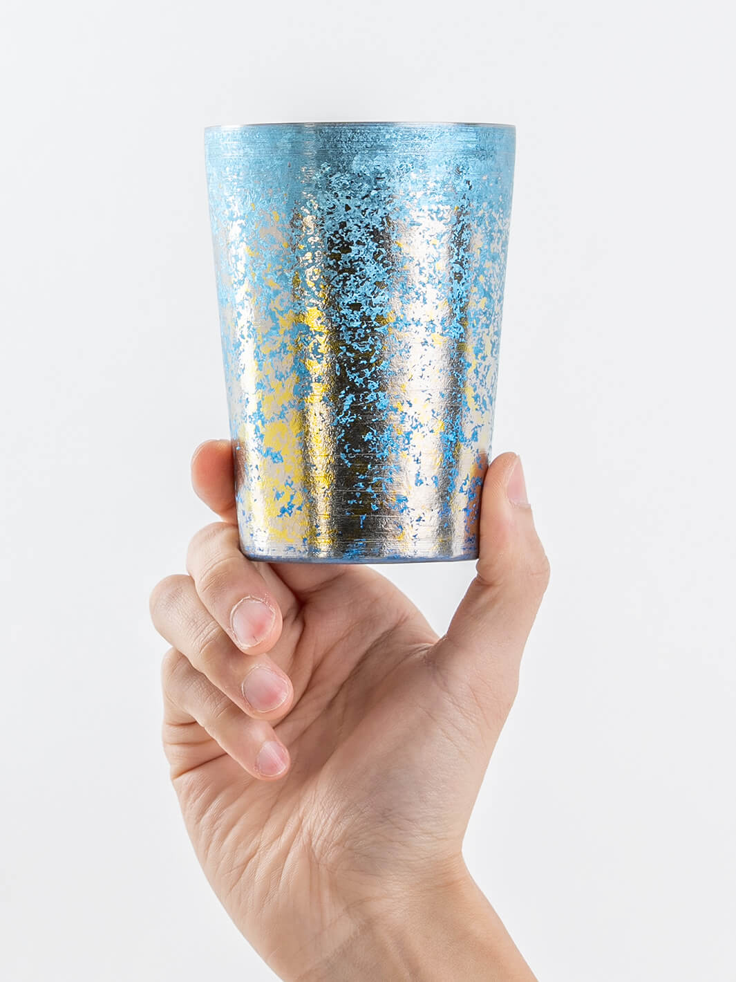 Blue titanium tumbler hand-held from front, 400ml