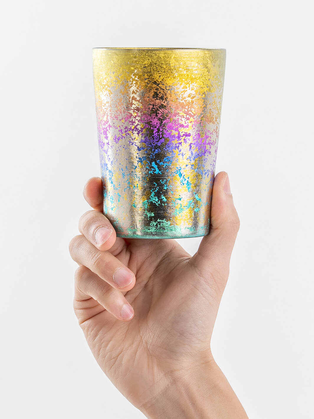 Rainbow titanium tumbler held from front, 400ml
