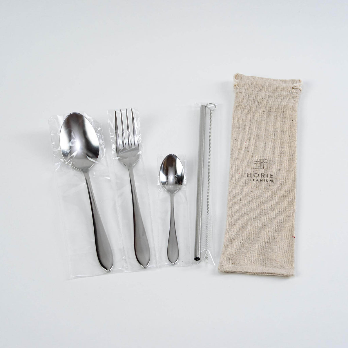 HORIE natural silver titanium cutlery set with spoon, fork, coffee spoon, straw, cleaning brush and linen pouch