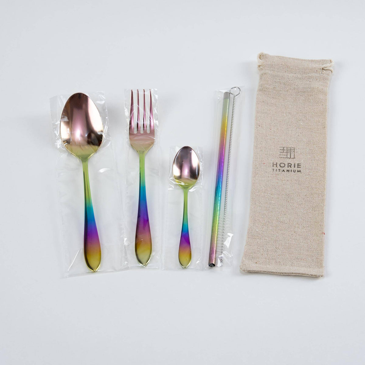 HORIE rainbow titanium cutlery set with spoon, fork, straw, cleaning brush and linen pouch