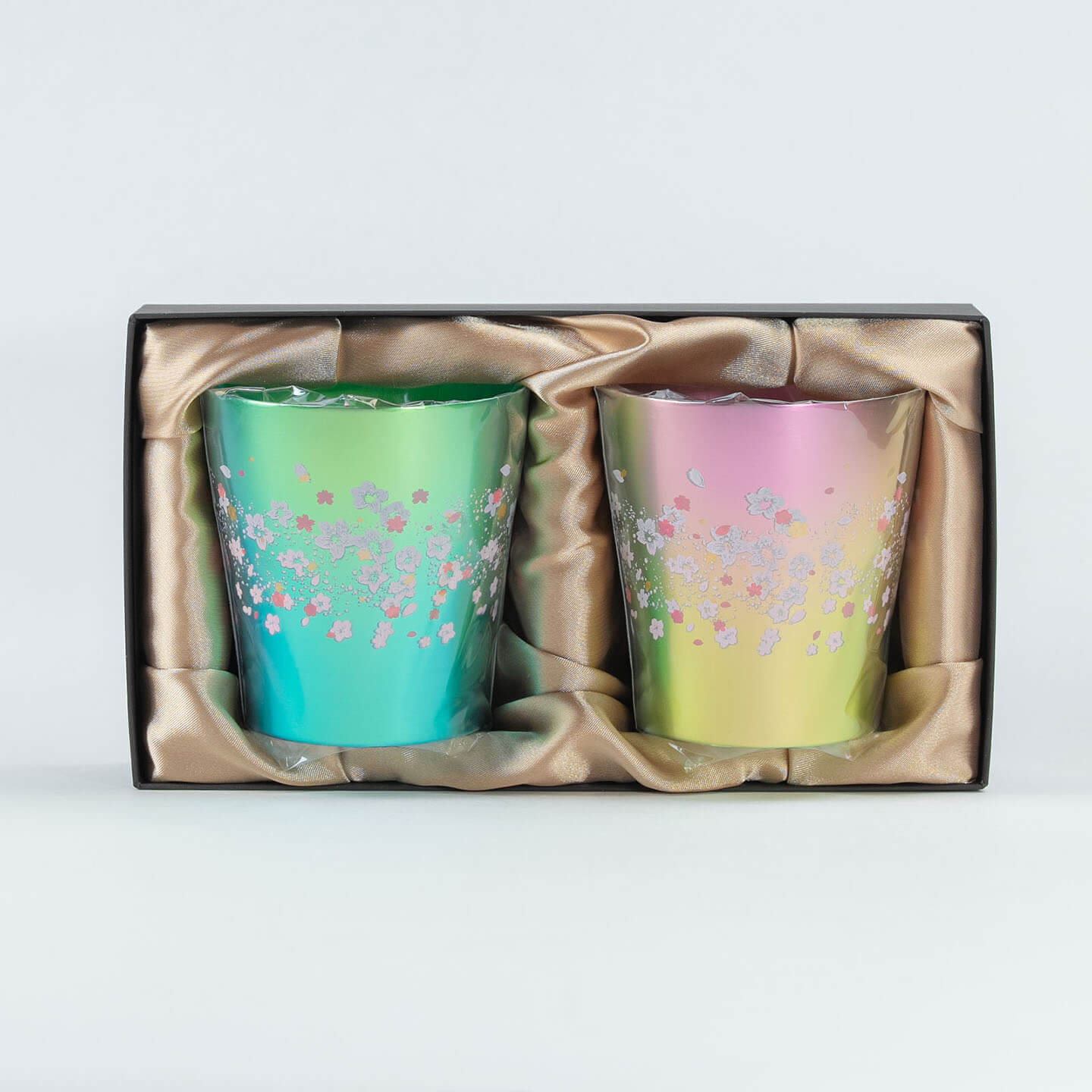 HORIE Titanium Tumbler Hana Series Sakura Saku Pair (250ml) in luxury paulownia wood gift box.