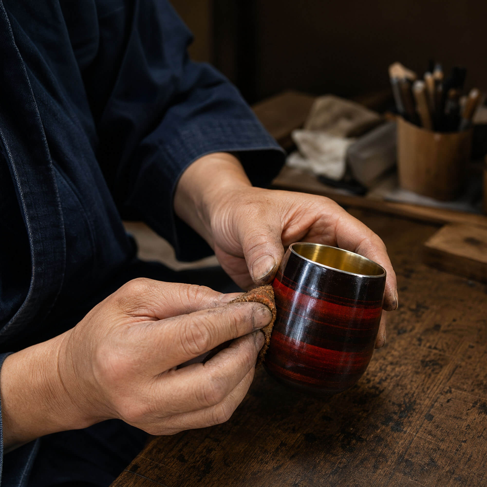 Brown lacquered tumbler showing its gold-plated interior