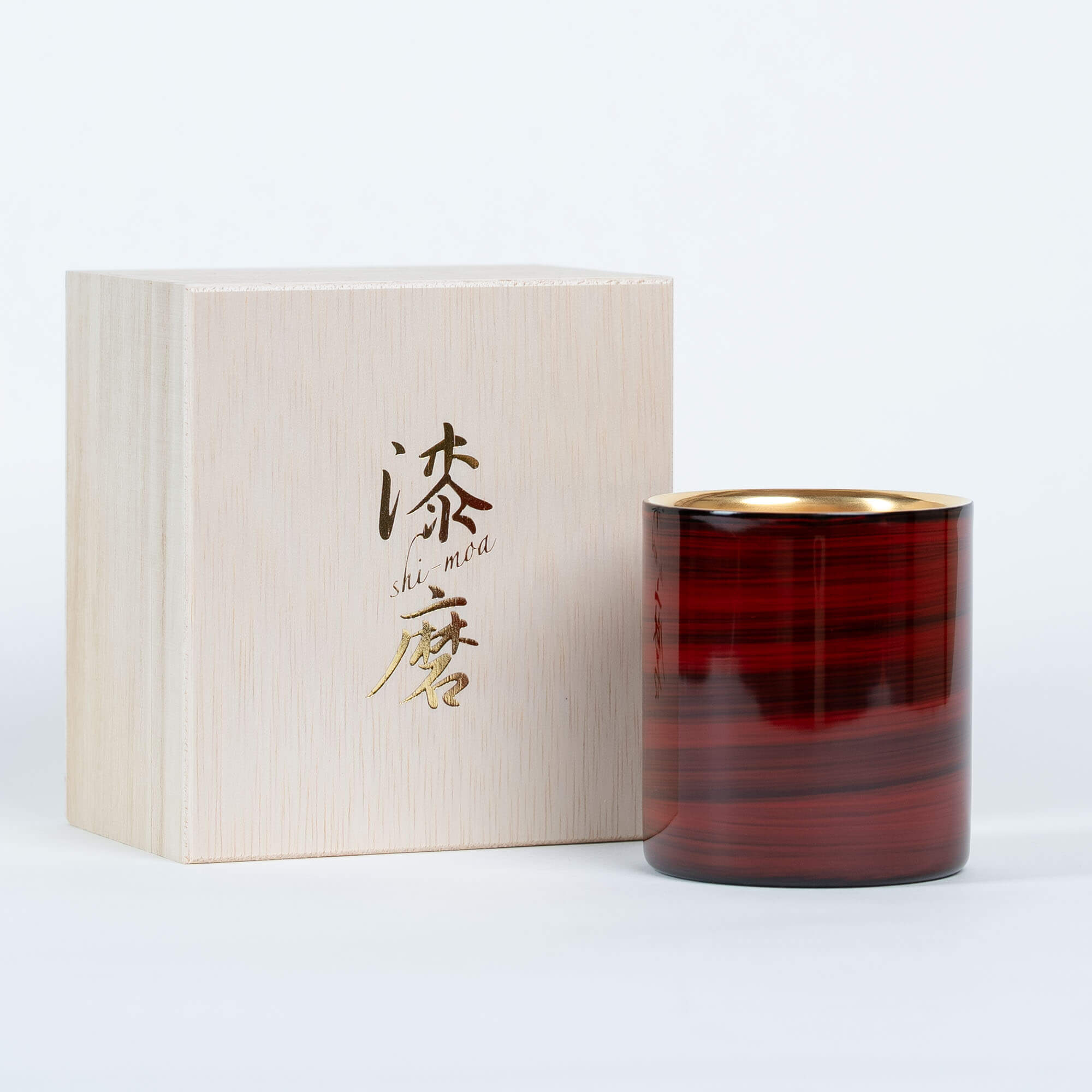 Red Japanese lacquered 250ml stainless steel sake cup with gold interior and wooden gift box