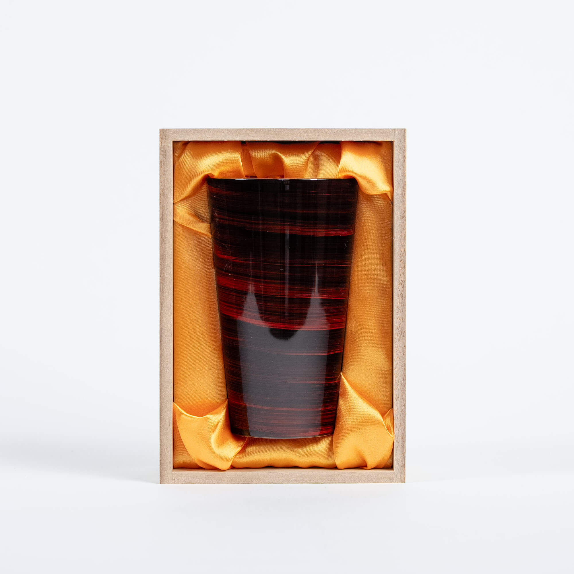 Red Japanese lacquered 300ml stainless steel tumbler displayed in a gold-lined wooden box