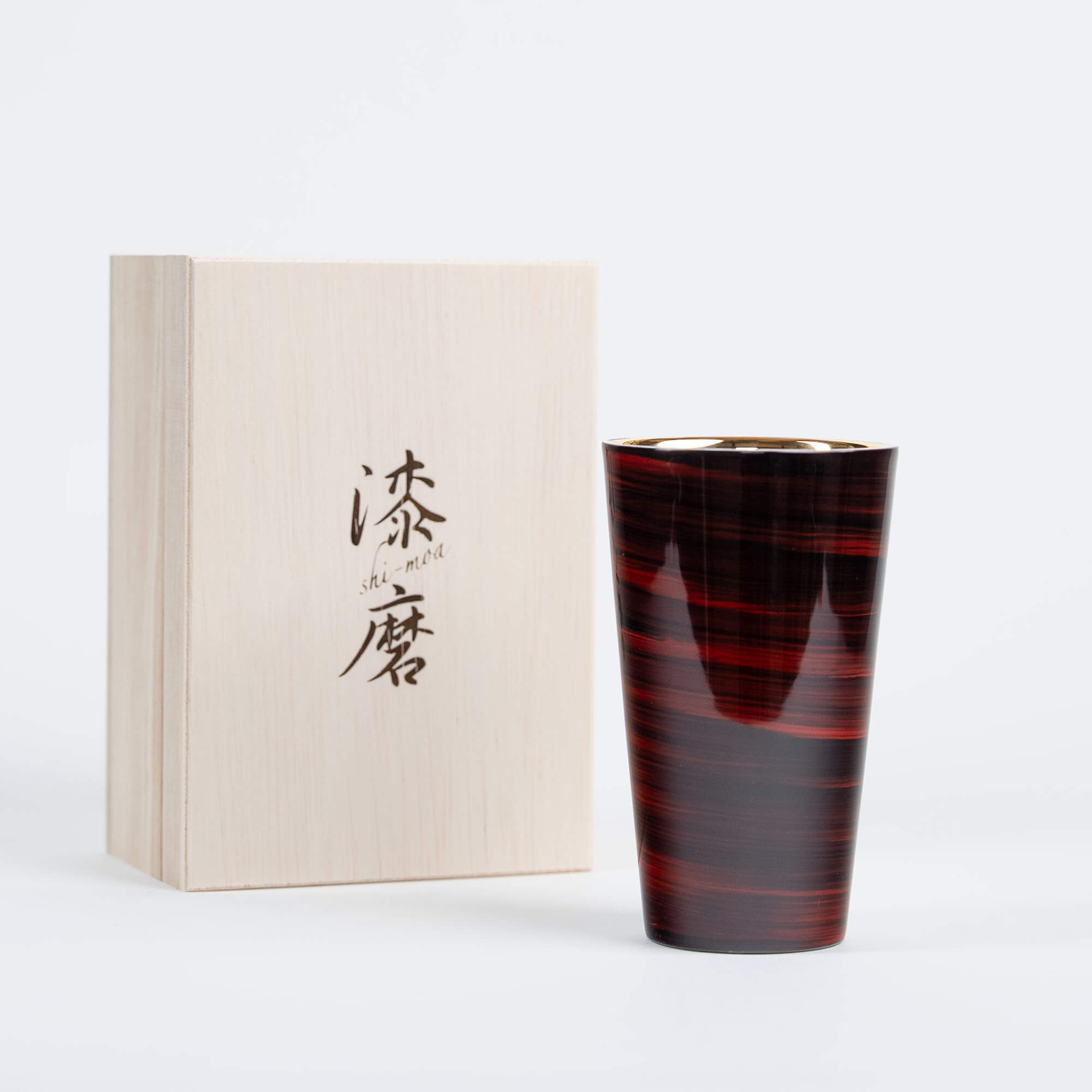 Red Japanese lacquered 300ml stainless steel tumbler with gold interior and wooden gift box