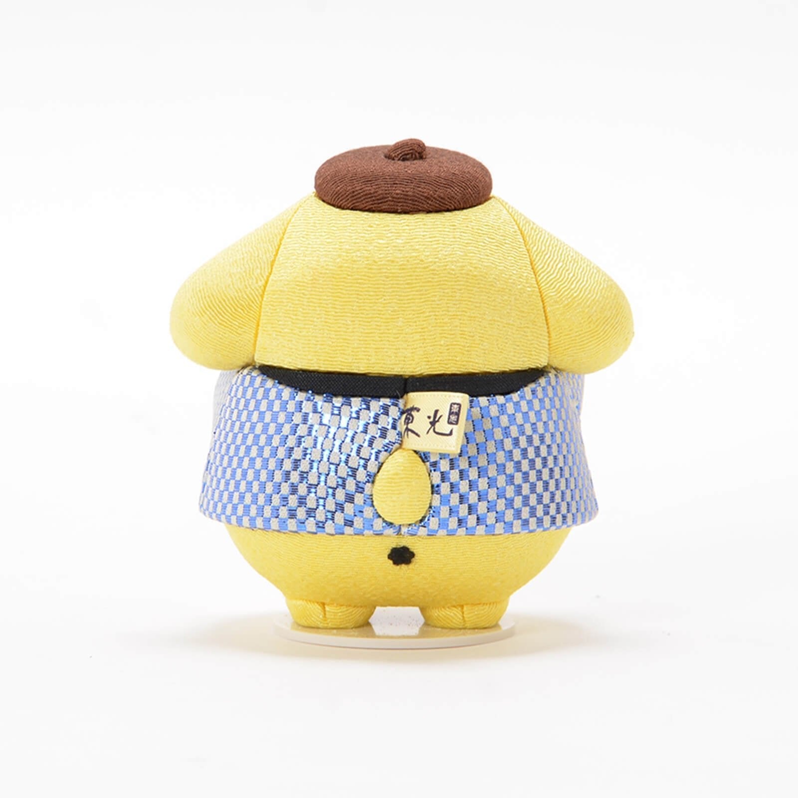 Handmade Blue Pompompurin Maneki-Neko Lucky Cat by Kakinuma Toko. Features a festive Japanese Happi coat with blue Ichimatsu pattern. Authentic handcrafted gift. Made in Japan.