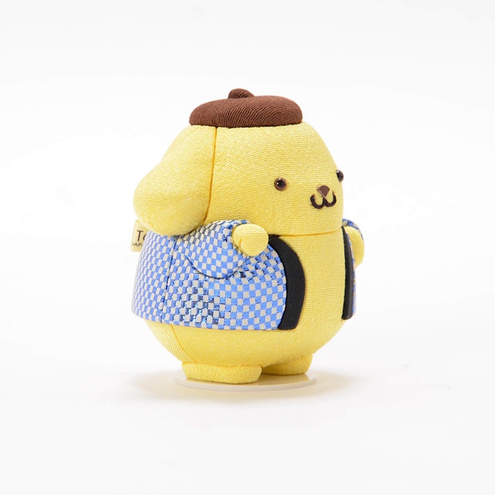 Handmade Blue Pompompurin Maneki-Neko Lucky Cat by Kakinuma Toko. Features a festive Japanese Happi coat with blue Ichimatsu pattern. Authentic handcrafted gift. Made in Japan.