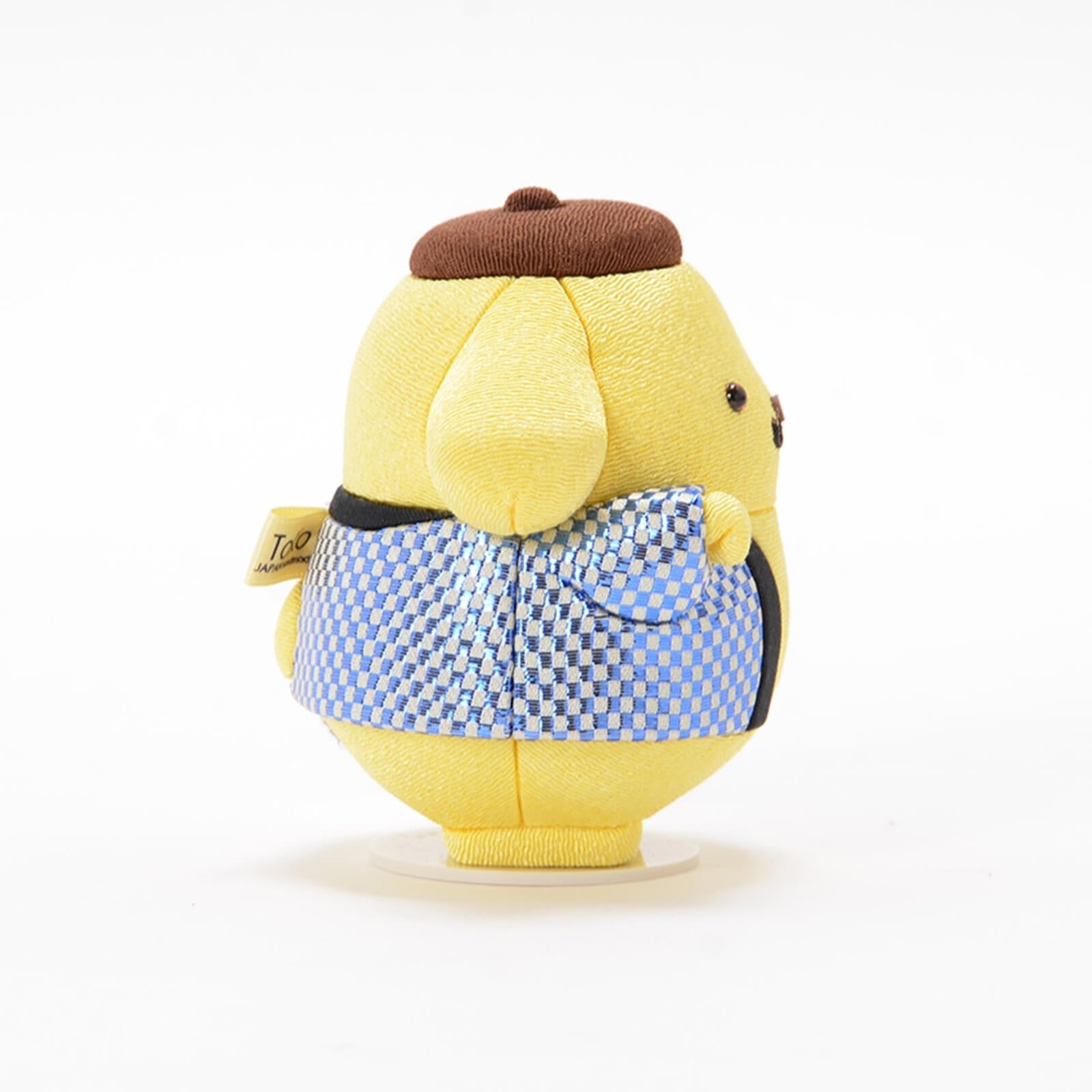 Handmade Blue Pompompurin Maneki-Neko Lucky Cat by Kakinuma Toko. Features a festive Japanese Happi coat with blue Ichimatsu pattern. Authentic handcrafted gift. Made in Japan.