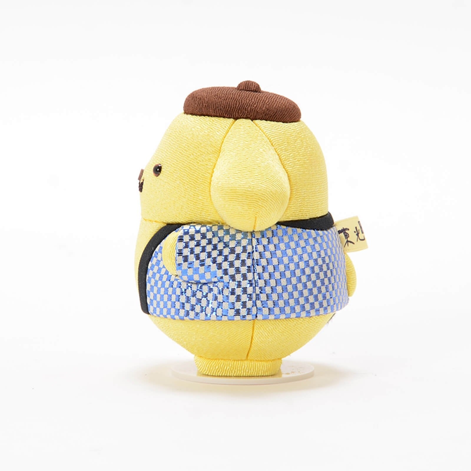 Handmade Blue Pompompurin Maneki-Neko Lucky Cat by Kakinuma Toko. Features a festive Japanese Happi coat with blue Ichimatsu pattern. Authentic handcrafted gift. Made in Japan.