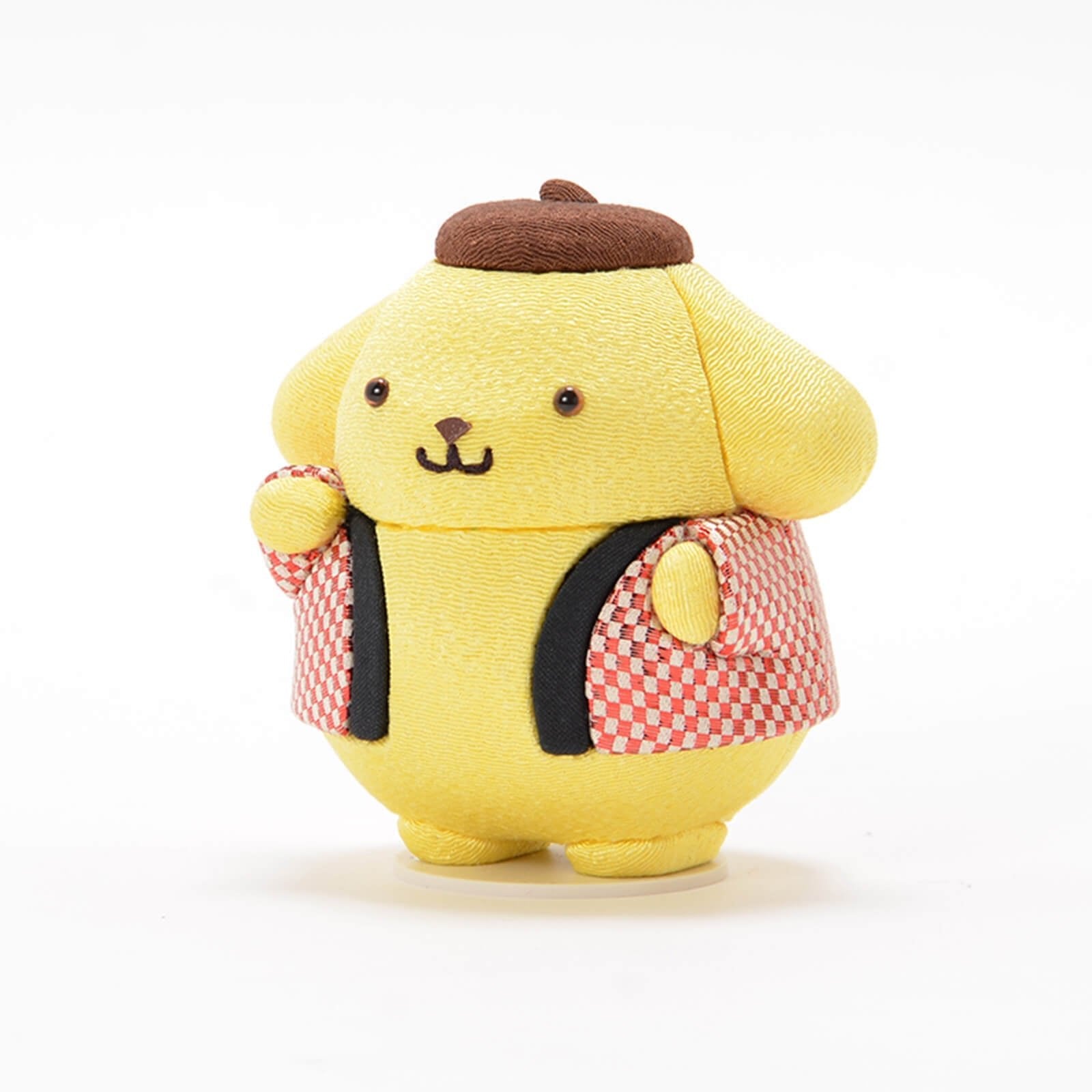 Handmade Blue Pompompurin Maneki-Neko Lucky Cat by Kakinuma Toko. Features a festive Japanese Happi coat with blue Ichimatsu pattern. Authentic handcrafted gift. Made in Japan.