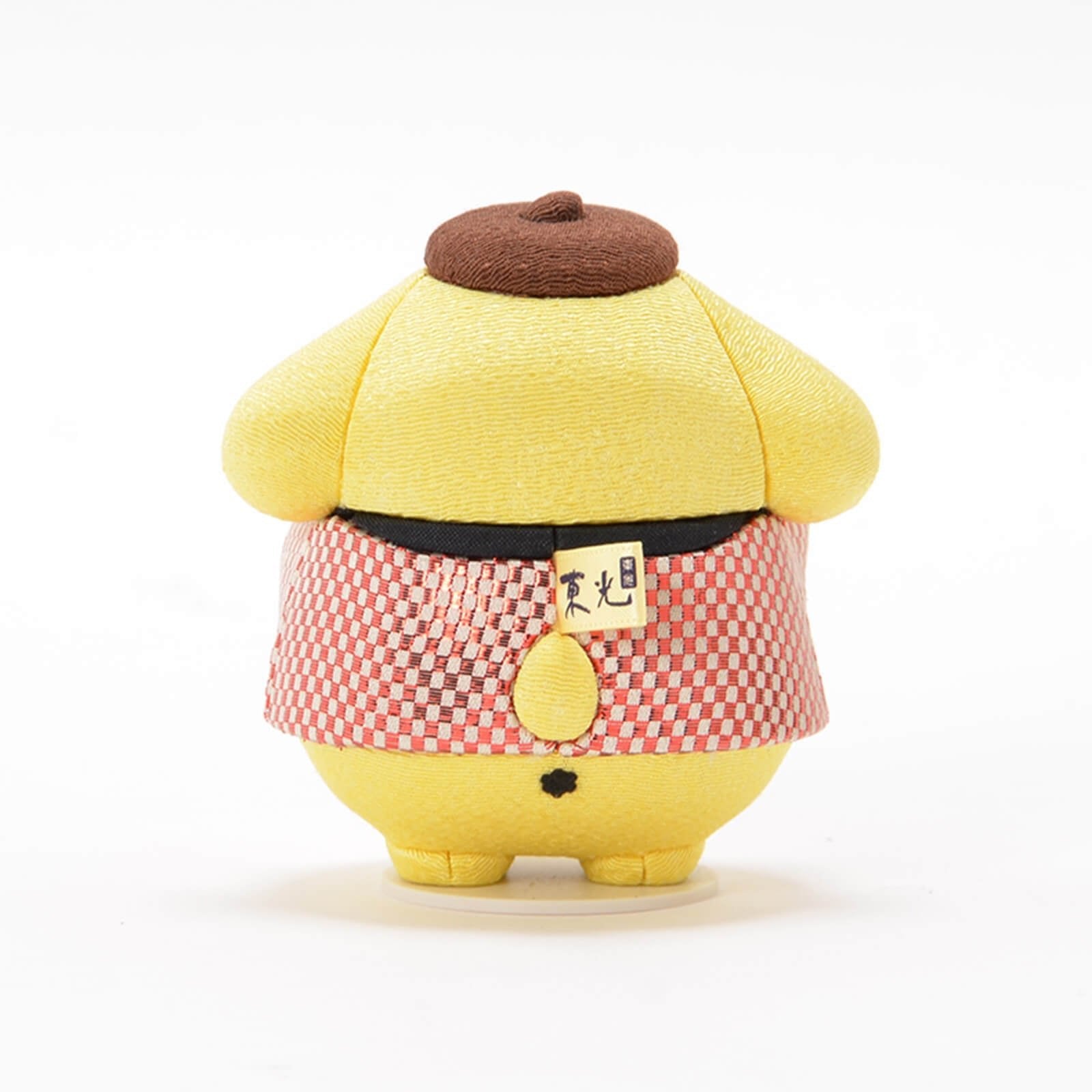 Handmade Blue Pompompurin Maneki-Neko Lucky Cat by Kakinuma Toko. Features a festive Japanese Happi coat with blue Ichimatsu pattern. Authentic handcrafted gift. Made in Japan.