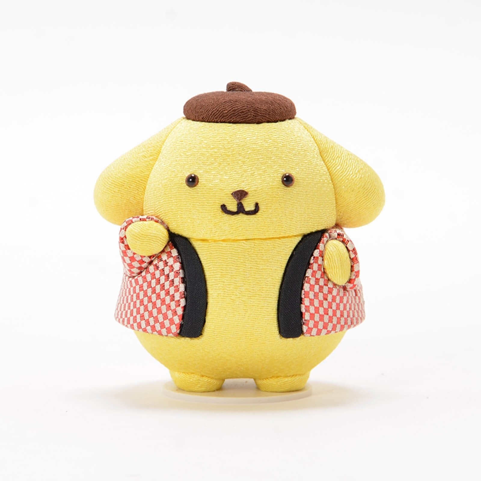 Handmade Blue Pompompurin Maneki-Neko Lucky Cat by Kakinuma Toko. Features a festive Japanese Happi coat with blue Ichimatsu pattern. Authentic handcrafted gift. Made in Japan.