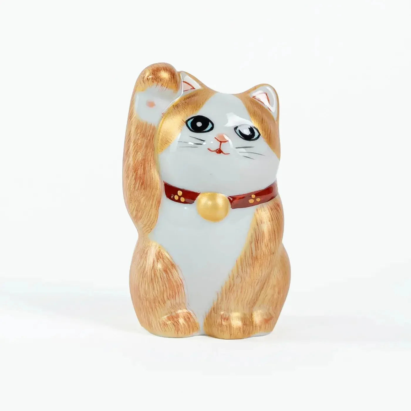 Hand-painted Kutani ceramic lucky cat, right paw raised, 10cm – front view.