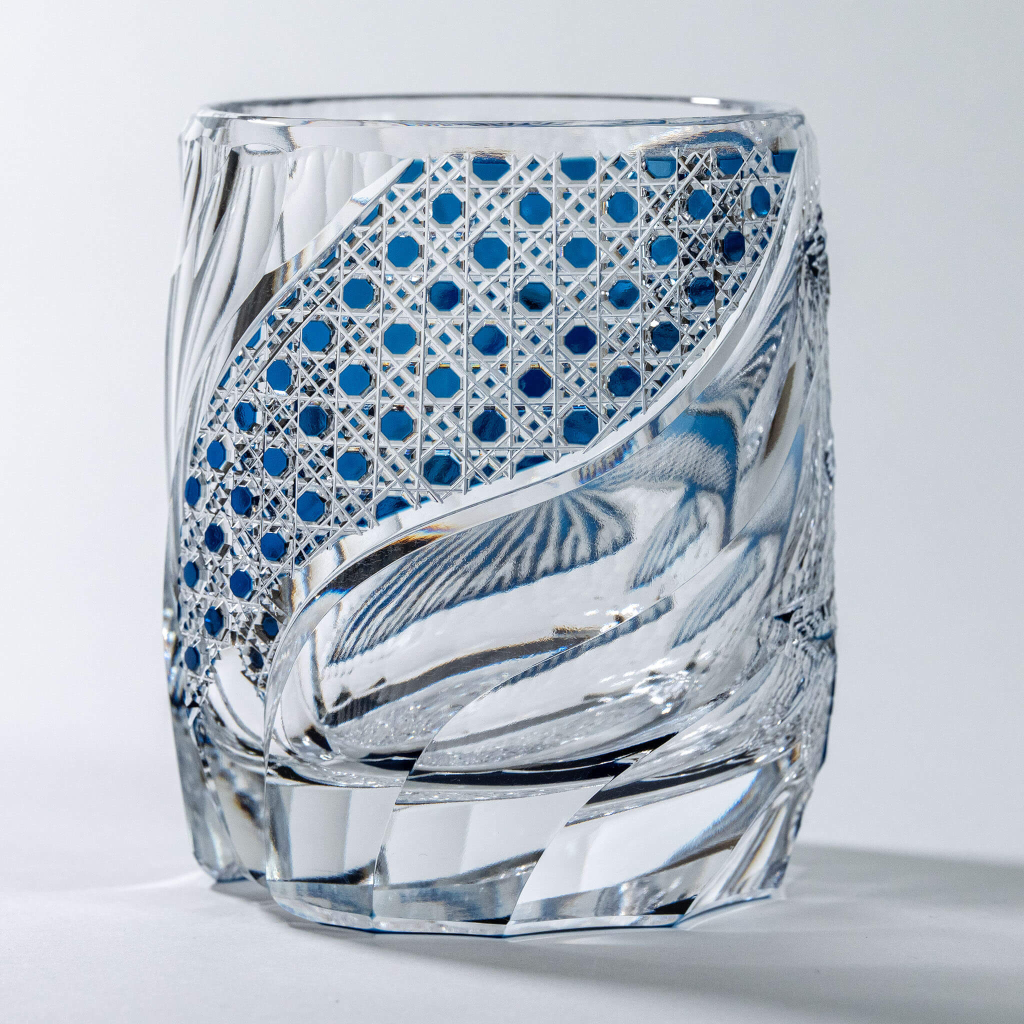 Junichi Nabetani Edo Kiriko "Flying Fish" Blue Crystal Rock Glass Edo Kiriko