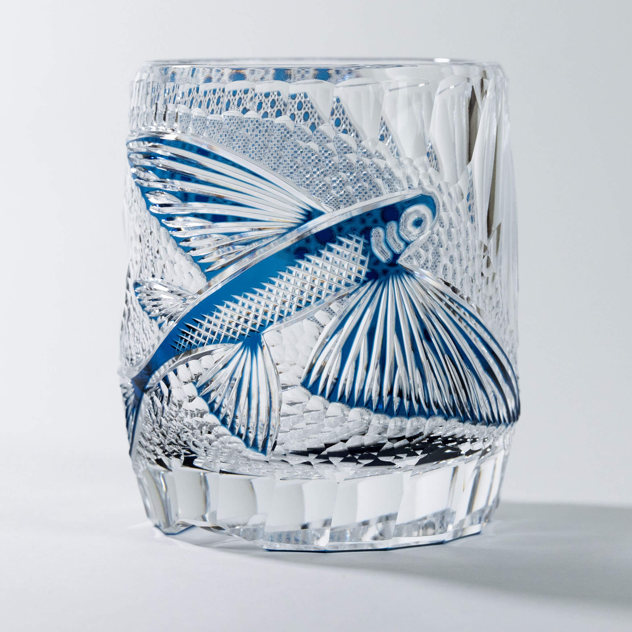 Junichi Nabetani Edo Kiriko "Flying Fish" Blue Crystal Rock Glass Edo Kiriko