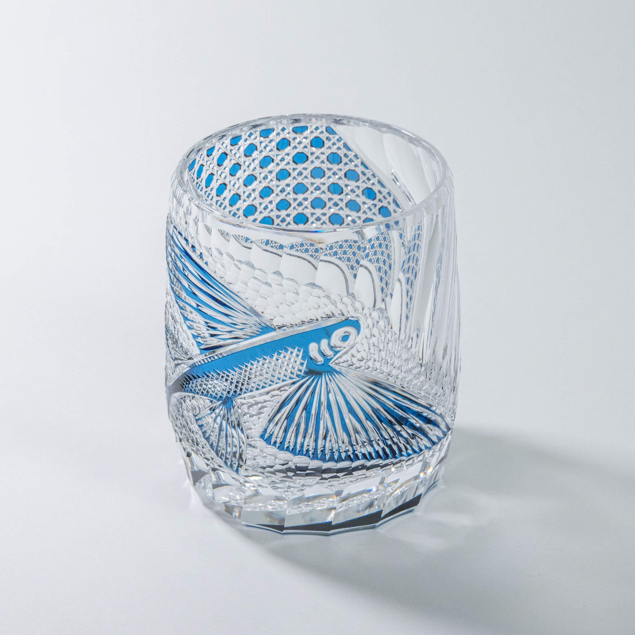 Junichi Nabetani Edo Kiriko "Flying Fish" Blue Crystal Rock Glass Edo Kiriko