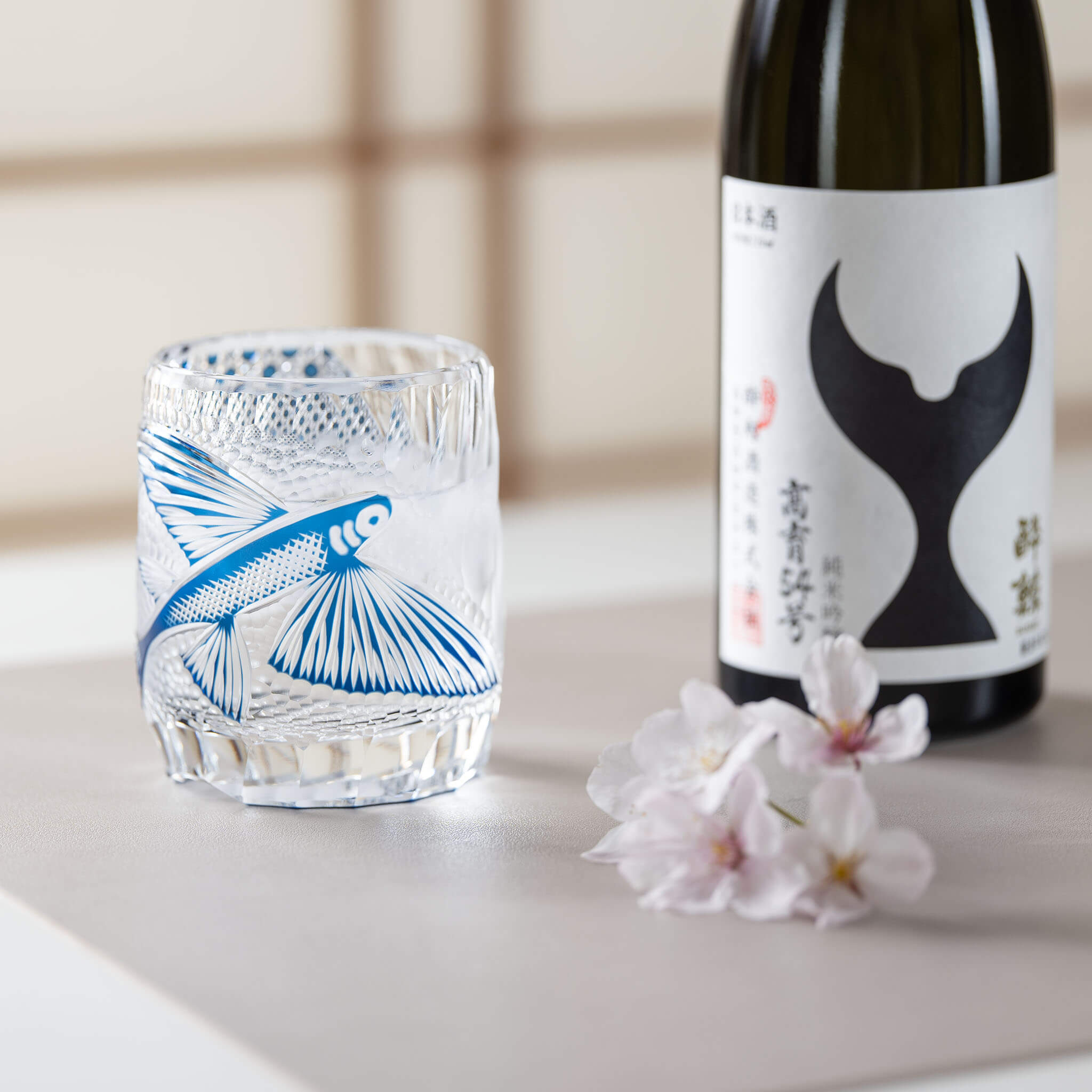 Junichi Nabetani Edo Kiriko "Flying Fish" Blue Crystal Rock Glass Edo Kiriko