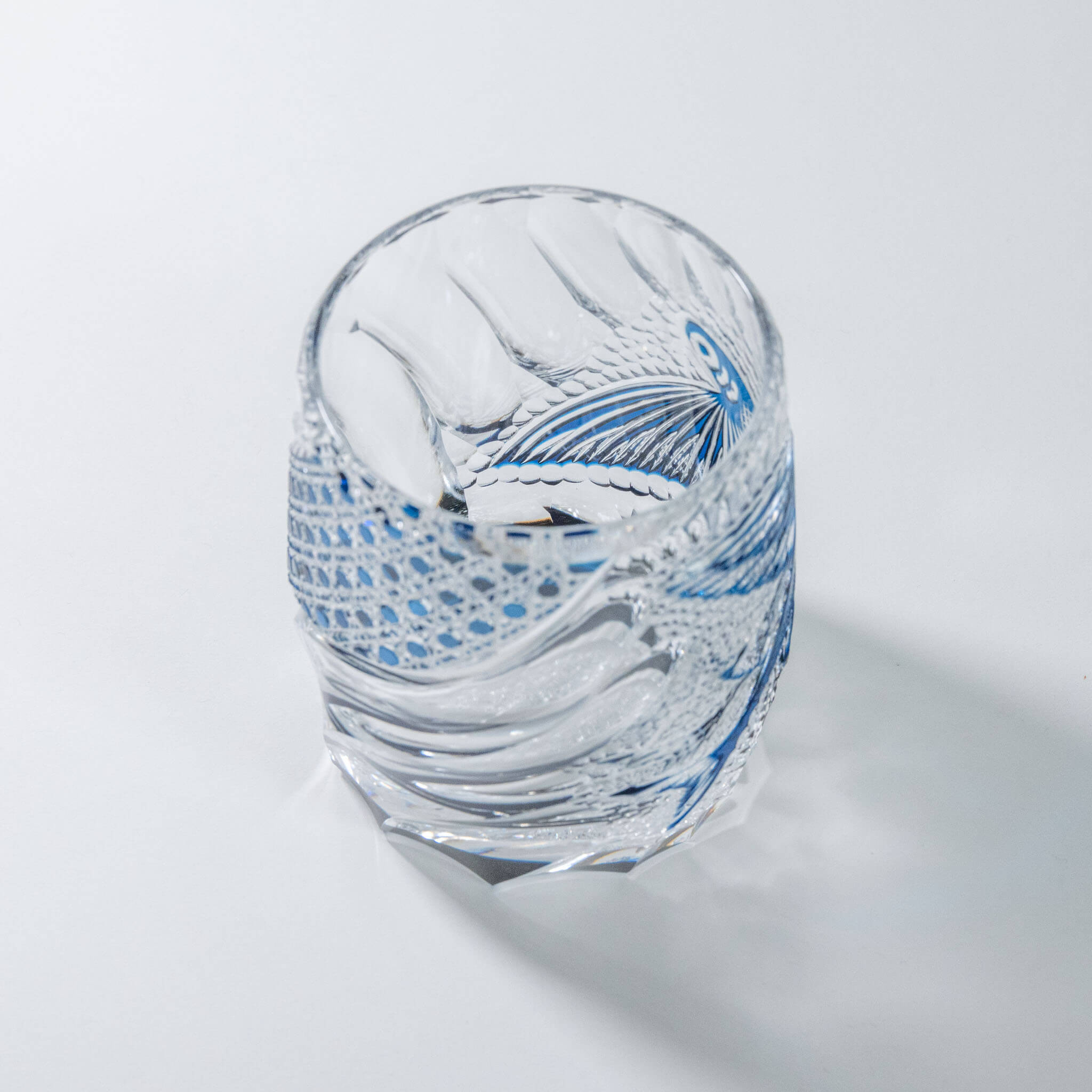 Junichi Nabetani Edo Kiriko "Flying Fish" Blue Crystal Rock Glass Edo Kiriko