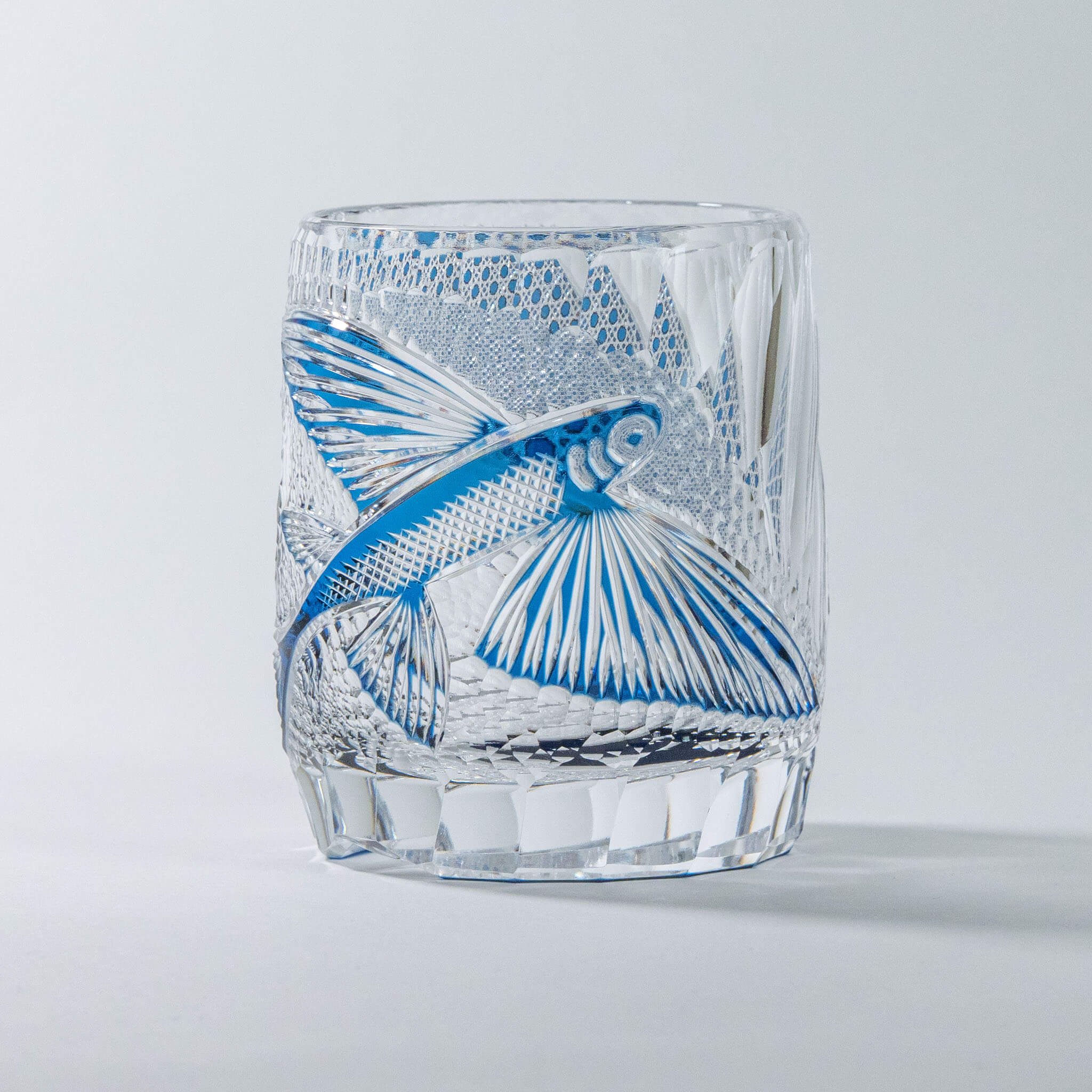 Junichi Nabetani Edo Kiriko "Flying Fish" Blue Crystal Rock Glass Edo Kiriko