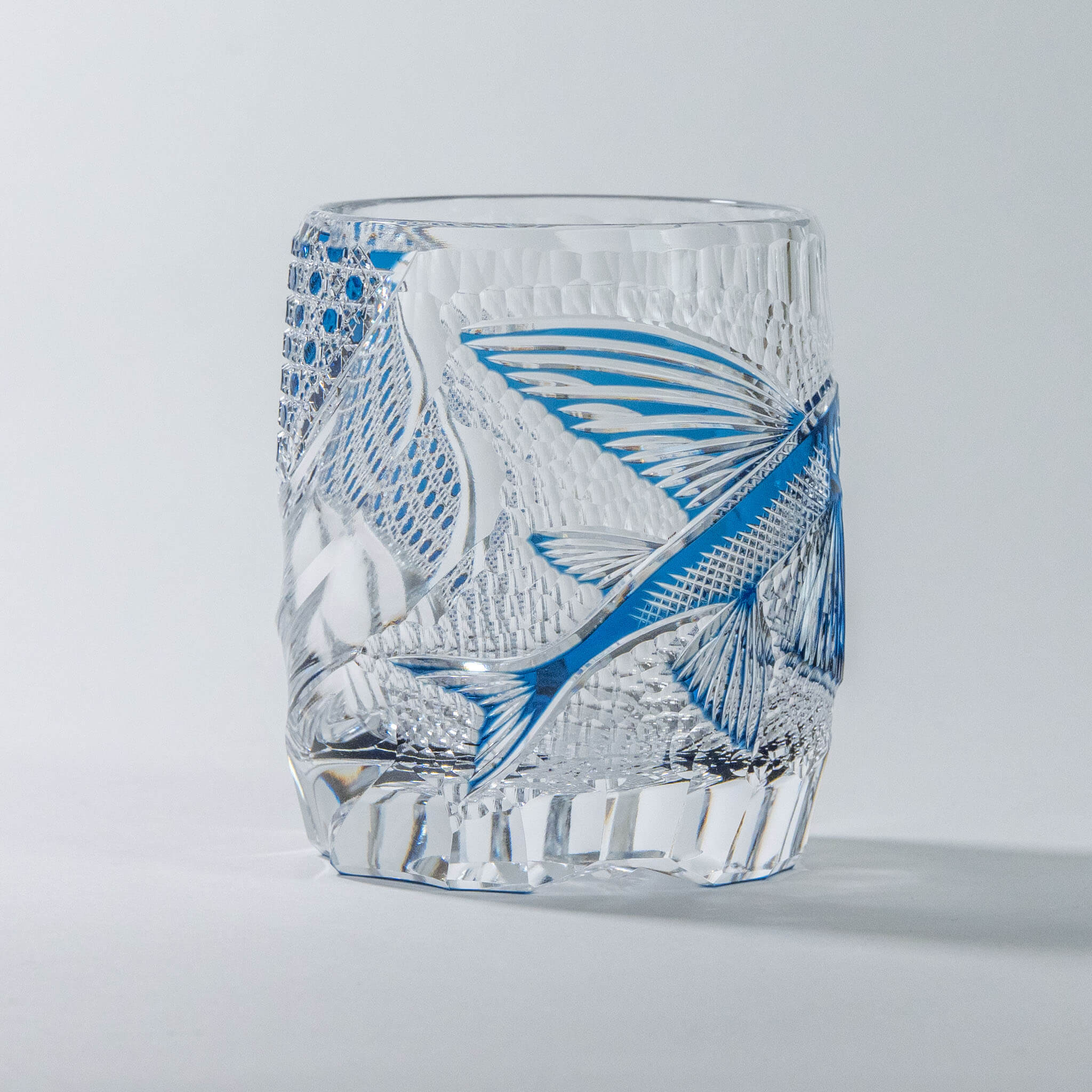 Junichi Nabetani Edo Kiriko "Flying Fish" Blue Crystal Rock Glass Edo Kiriko