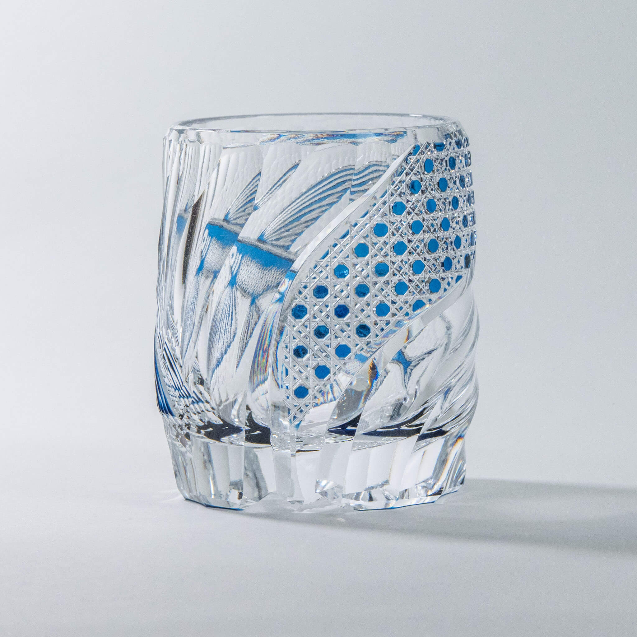 Junichi Nabetani Edo Kiriko "Flying Fish" Blue Crystal Rock Glass Edo Kiriko