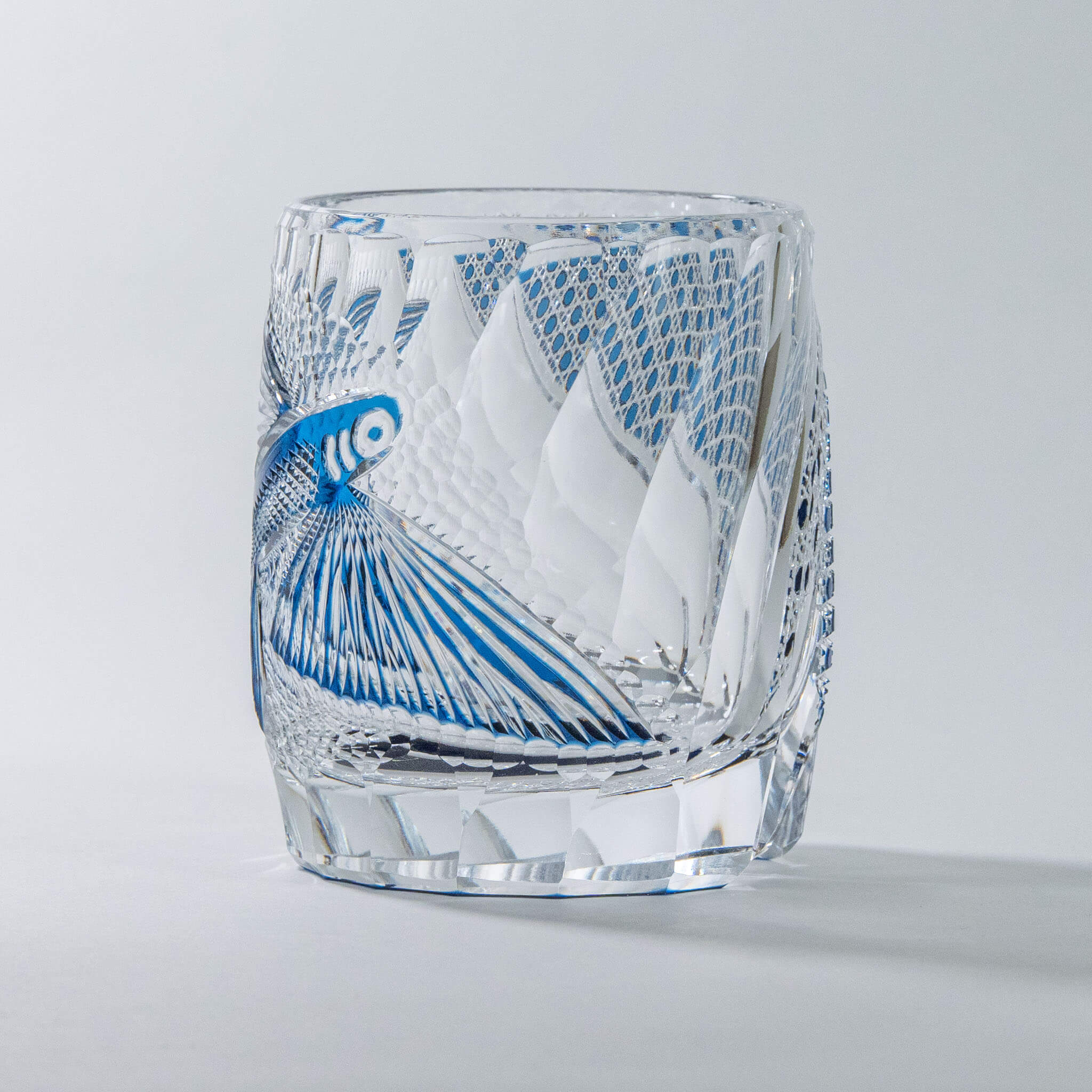 Junichi Nabetani Edo Kiriko "Flying Fish" Blue Crystal Rock Glass Edo Kiriko