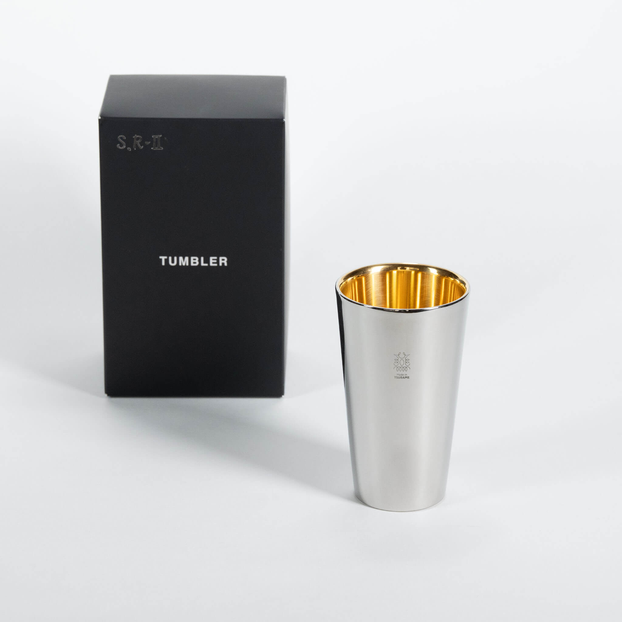 Premium Japanese 18-8 stainless steel tumbler showcased next to its elegant black keshobako gift box.