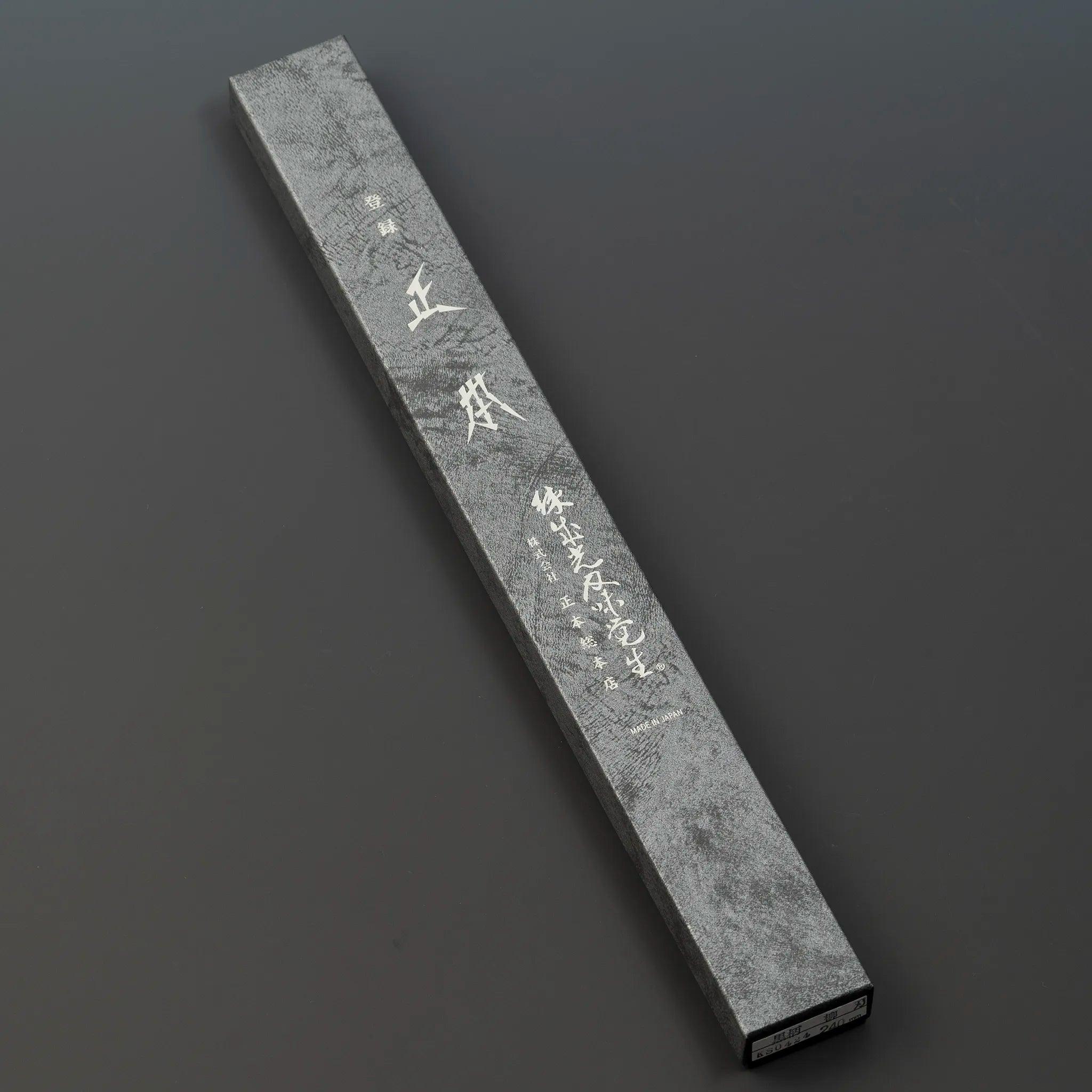 Masamoto KS Series Honkasumi White Steel No.2 Yanagiba Sashimi Knife Product Packaging Box Front View