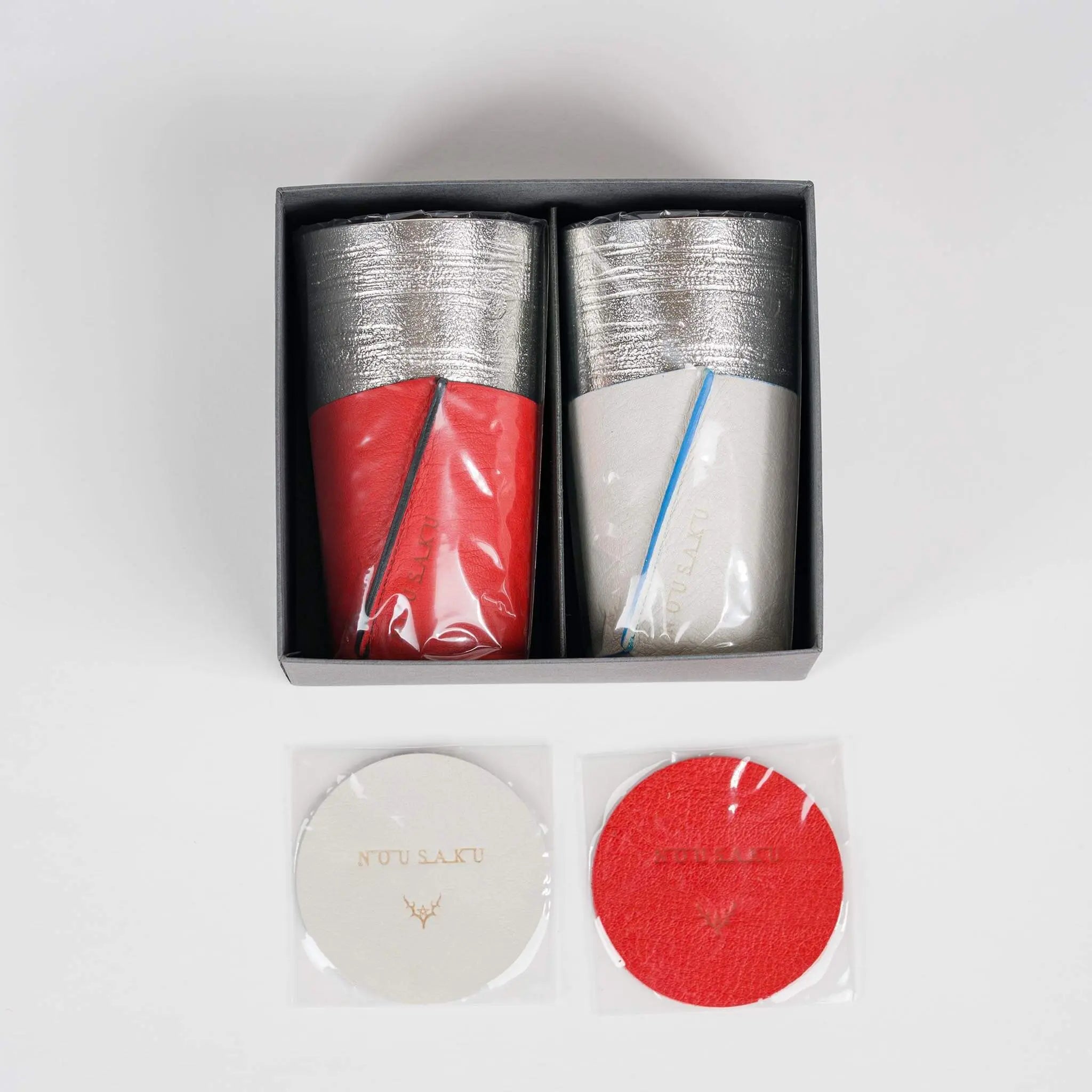 Nousaku Tin Beer Tumbler Set - Birch Bark Texture & Leather Sleeves KyotoLux