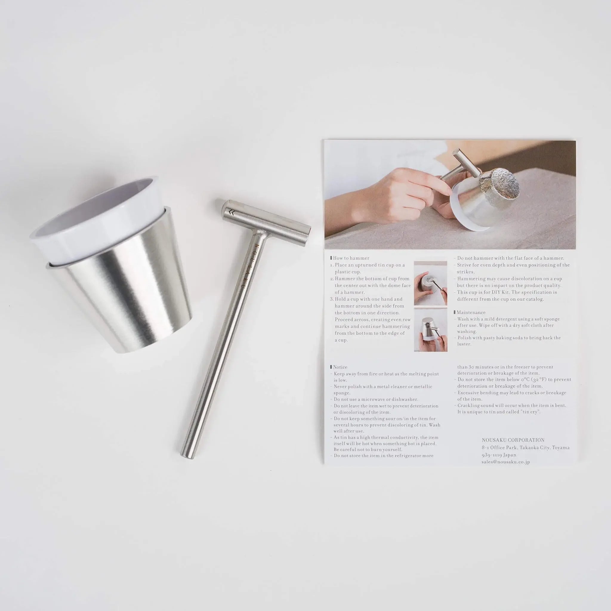 Complete Nousaku DIY set including 100% pure tin cup, stainless steel hammer, and shaping mold.