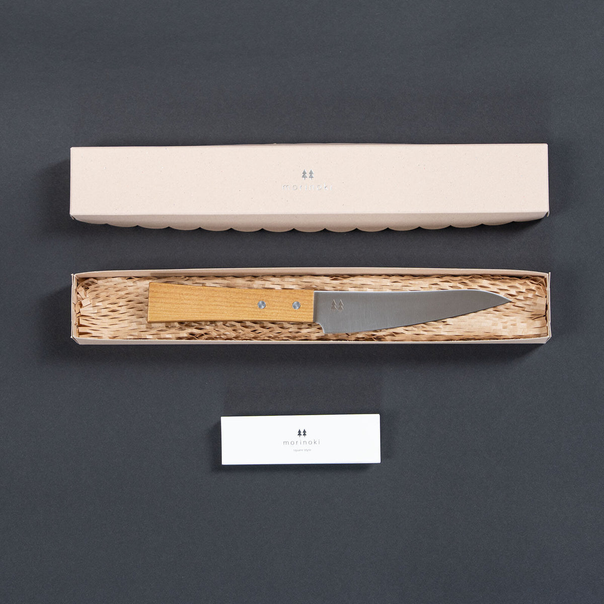 Shizuhamono Morinoki 120mm petty knife inside its open packaging