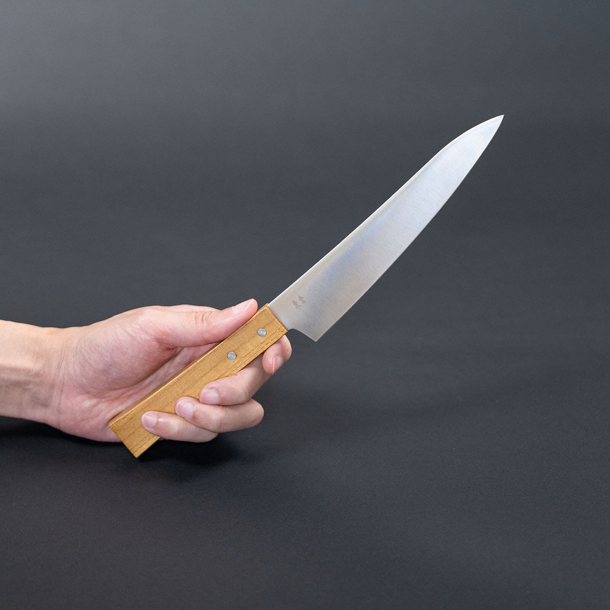 Shizuhamono Morinoki 6.7-inch utility knife held at an angle, showing the blade and keyaki wood handle