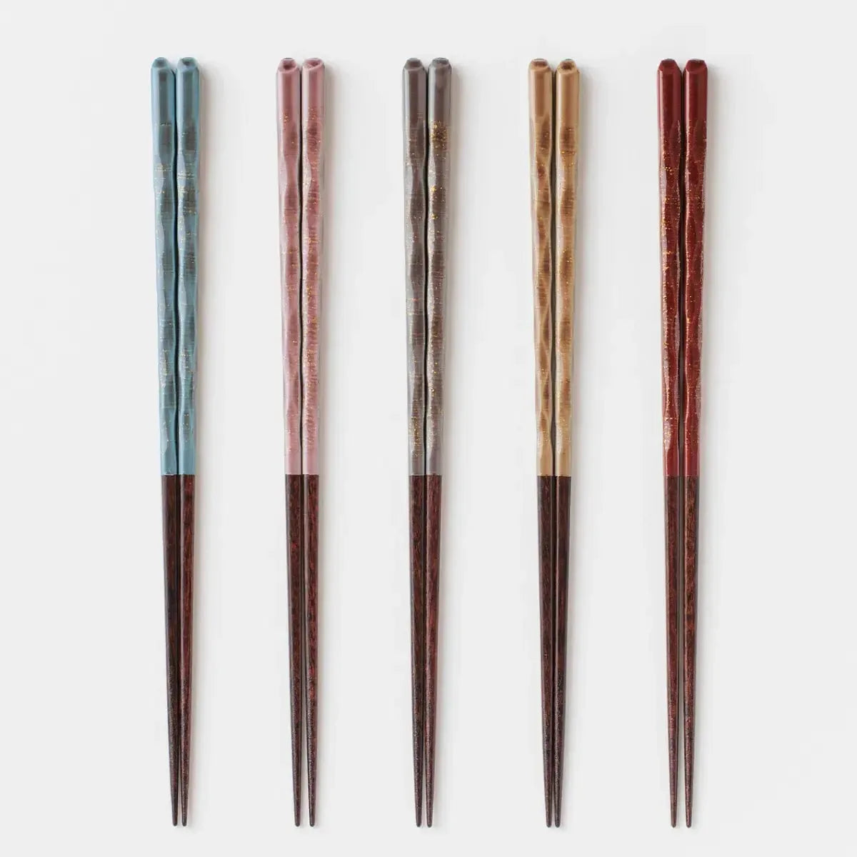Five Wakasa lacquer chopsticks in 23cm (9.1in) length, displayed in five different vibrant colors.