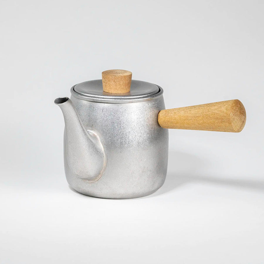 Front view of 18-8 Stainless Steel Teapot with natural wood handle and knob