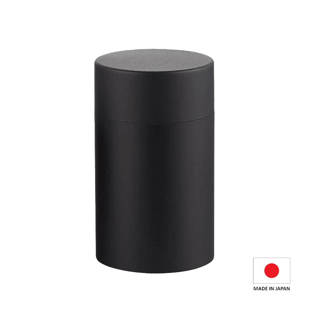 CHAKI Japanese Handmade Coarse-Finish Stainless Steel Tea Canister in Black, featuring a textured surface and traditional Japanese craftsmanship.