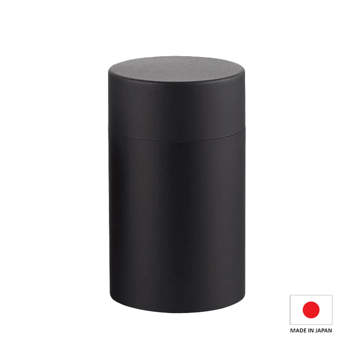 CHAKI Japanese Handmade Coarse-Finish Stainless Steel Tea Canister in Black, featuring a textured surface and traditional Japanese craftsmanship.