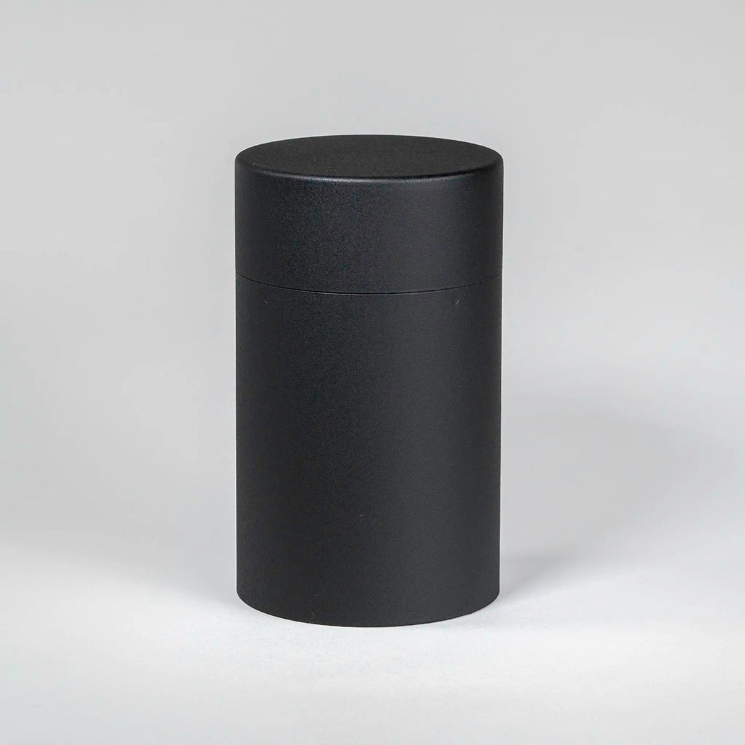 Front view of the CHAKI Tea Canister - Black, stainless steel body and lid