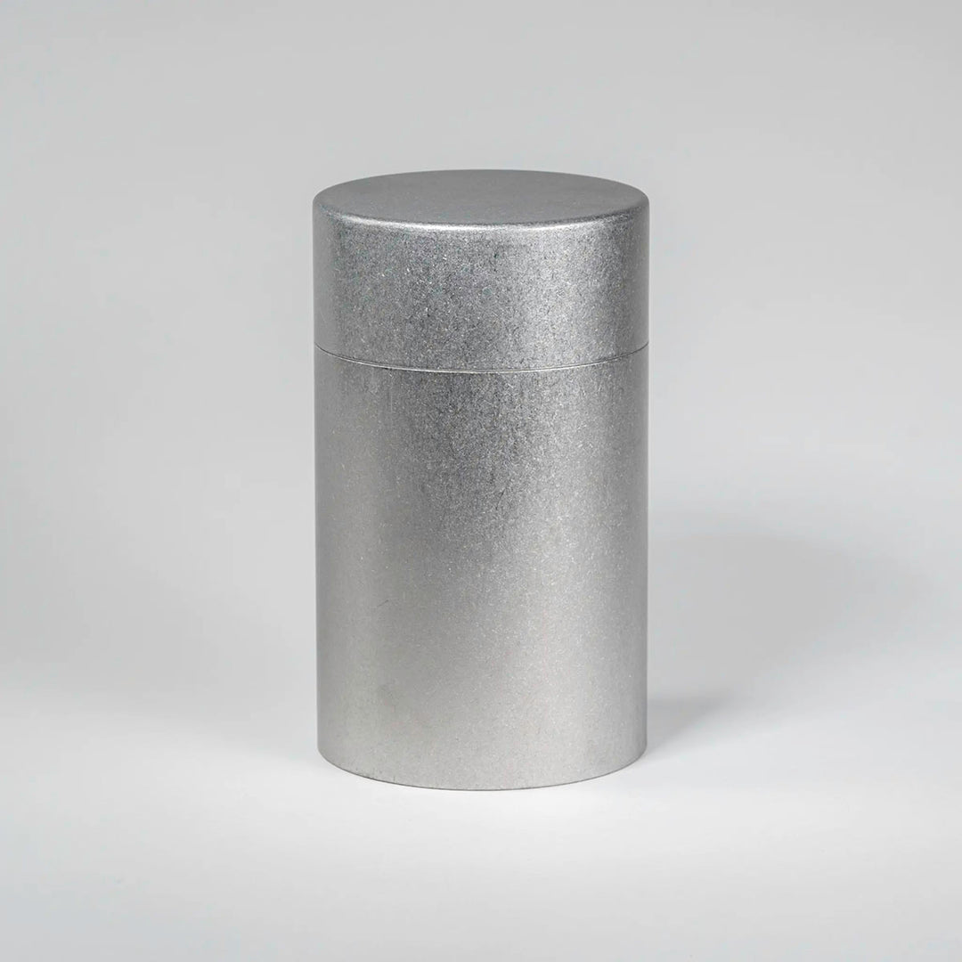 Front view of the CHAKI Tea Canister - Silver, stainless steel body and lid