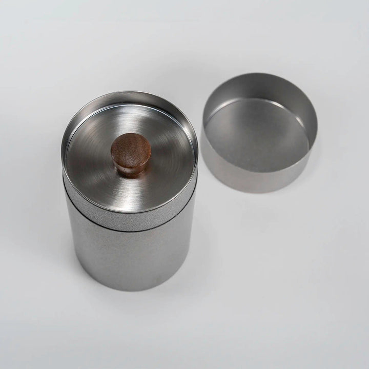 Top view of the CHAKI Tea Canister - Silver, showing natural wood knob