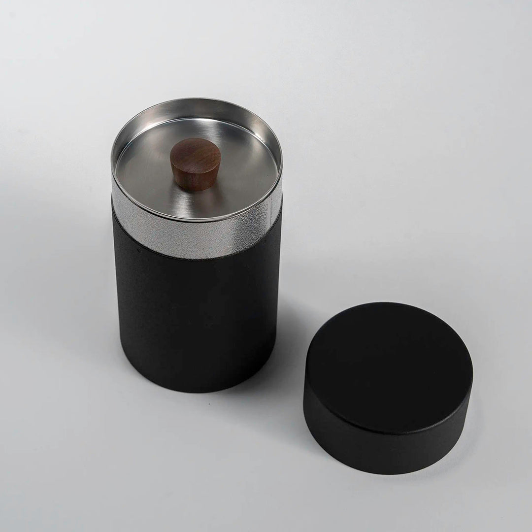 Top view of the CHAKI Tea Canister - Black, showing the natural wood knob