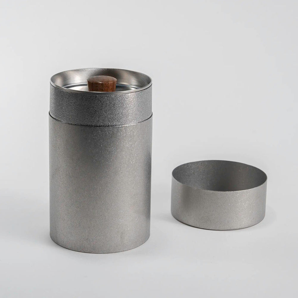 Top view of the CHAKI Tea Canister - Silver, showing natural wood knob