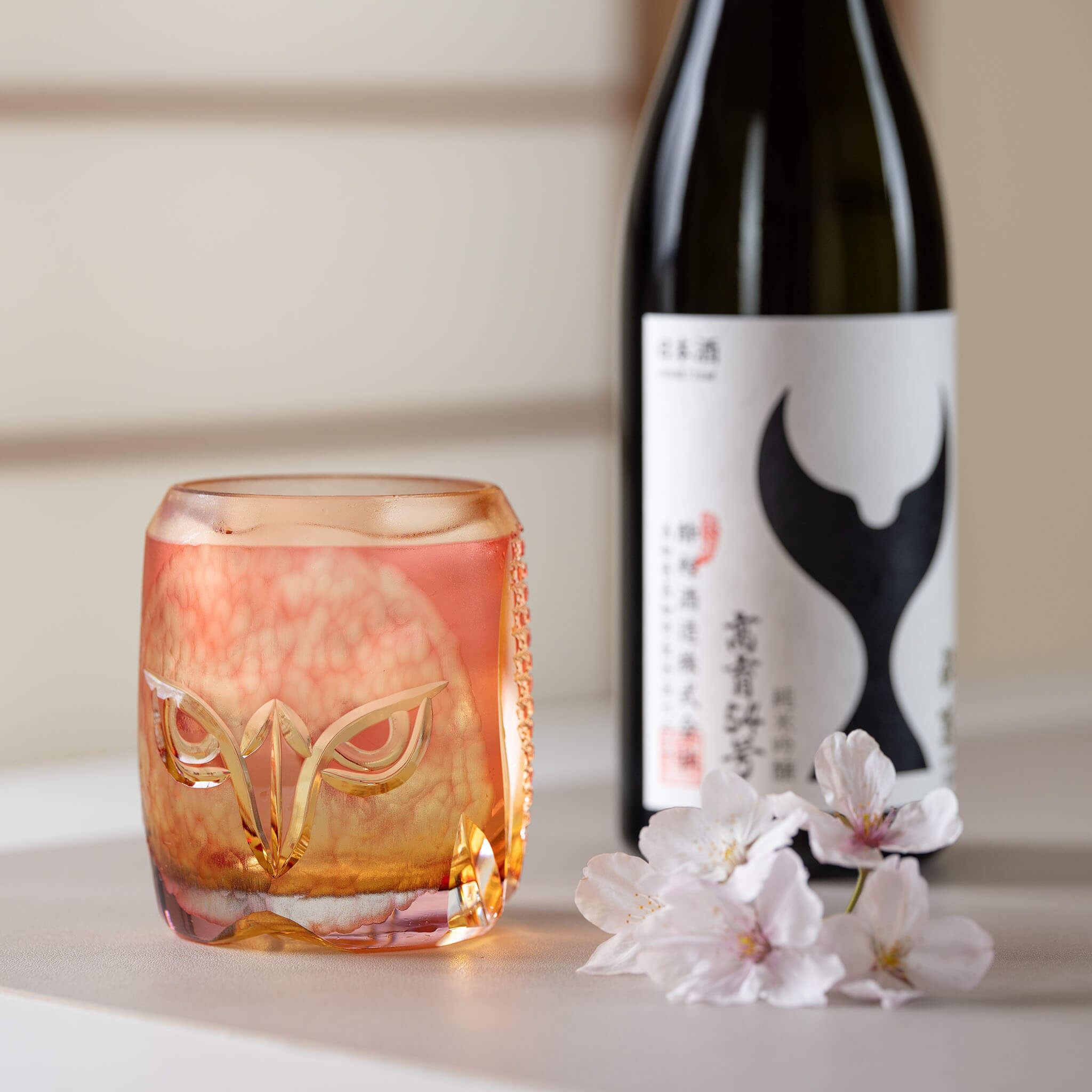 Edo Kiriko Rock Glass by Junichi Nabetani - Guardian Owl Amber 260ml
