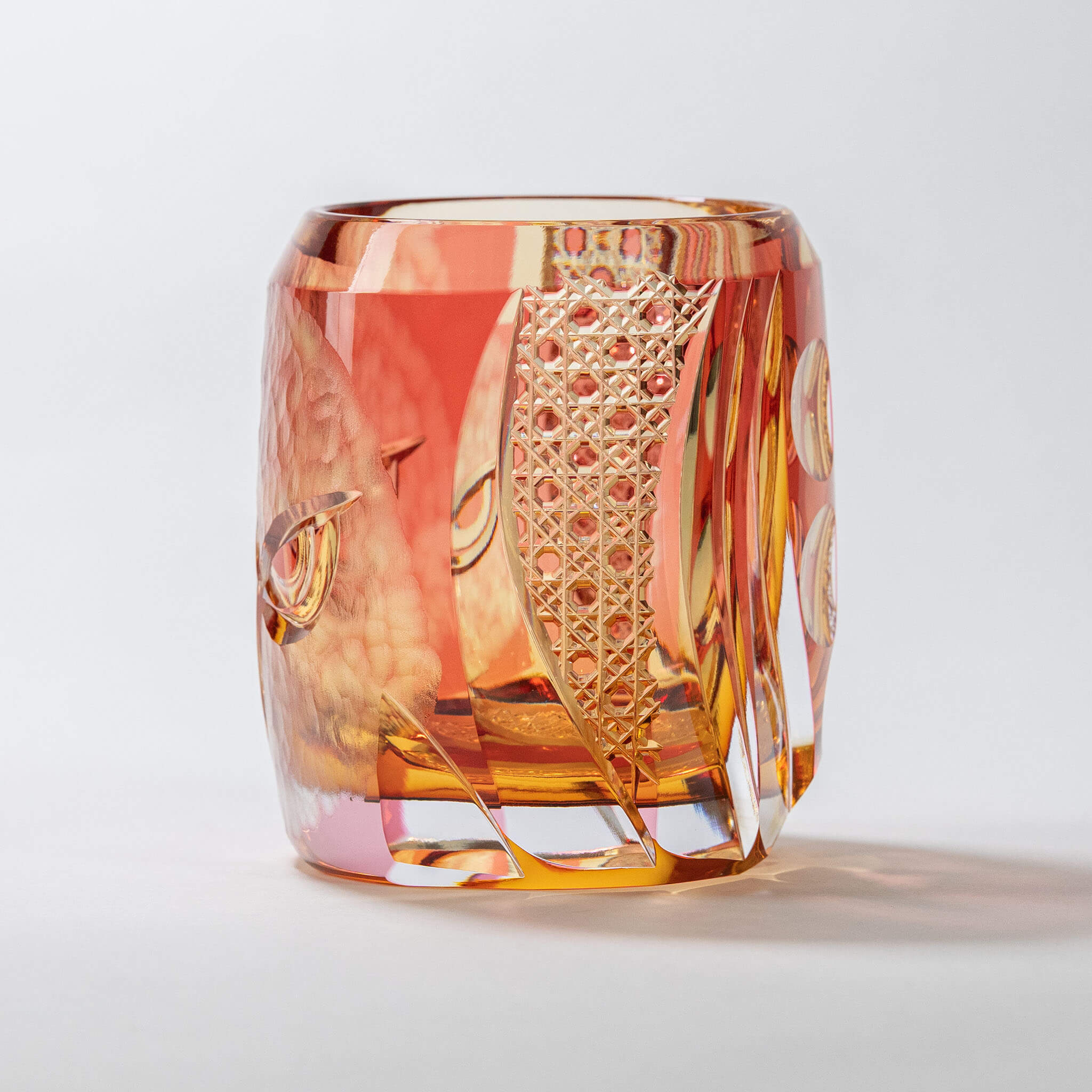 Edo Kiriko Rock Glass by Junichi Nabetani - Guardian Owl Amber 260ml