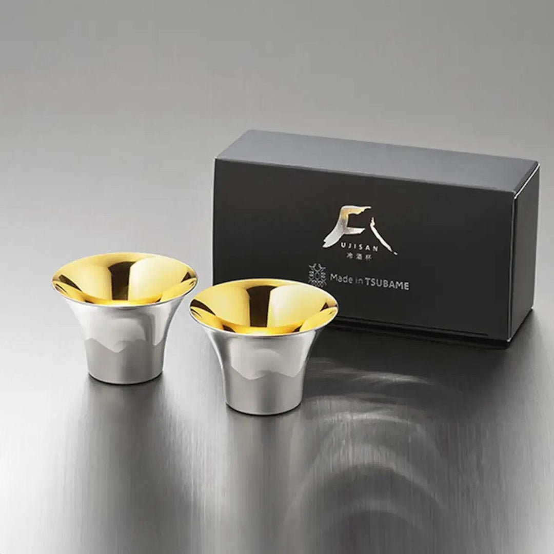 Fuji Sake Cup Set of 2 - Stainless Steel Gold and Silver