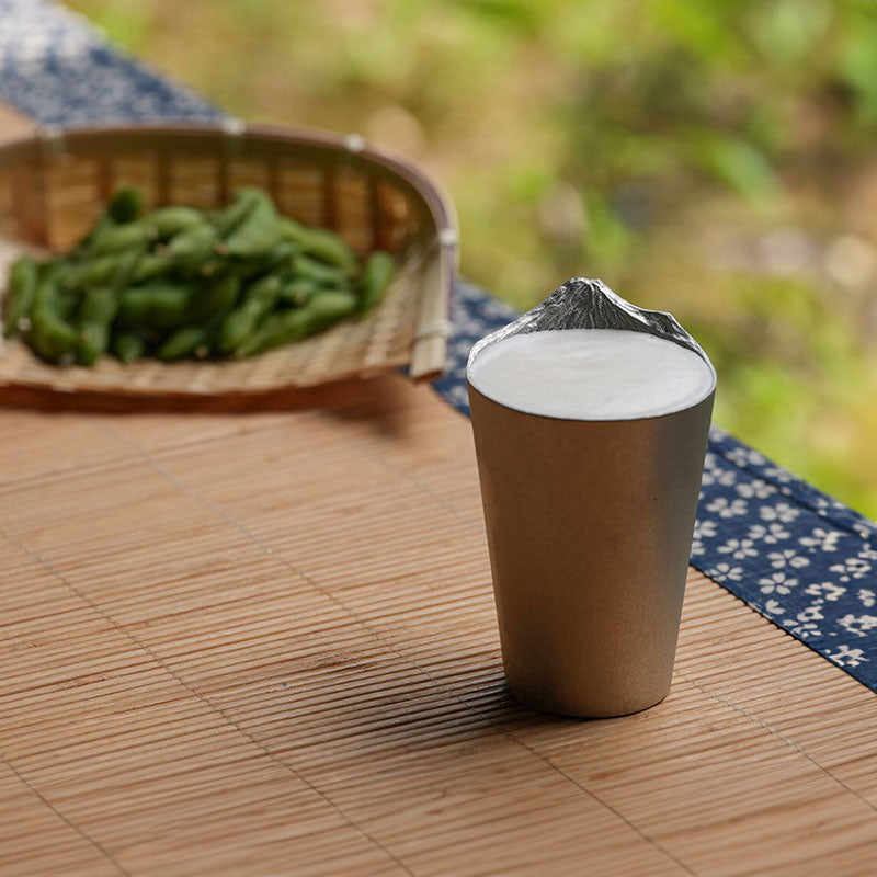 Front view of GINGADO Fuji Design Tin Beer Cup - 180ml, showcasing the Mount Fuji design