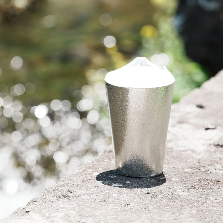 Side view of GINGADO Fuji Design Tin Beer Cup, highlighting the sleek pure tin finish